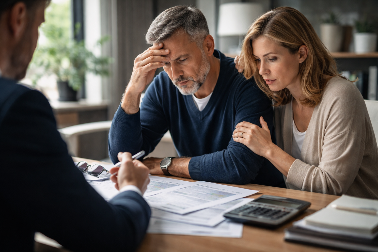 A stressed man resting his head in his hand and a concerned woman comforting him, sitting across a desk from a professional reviewing financial documents.