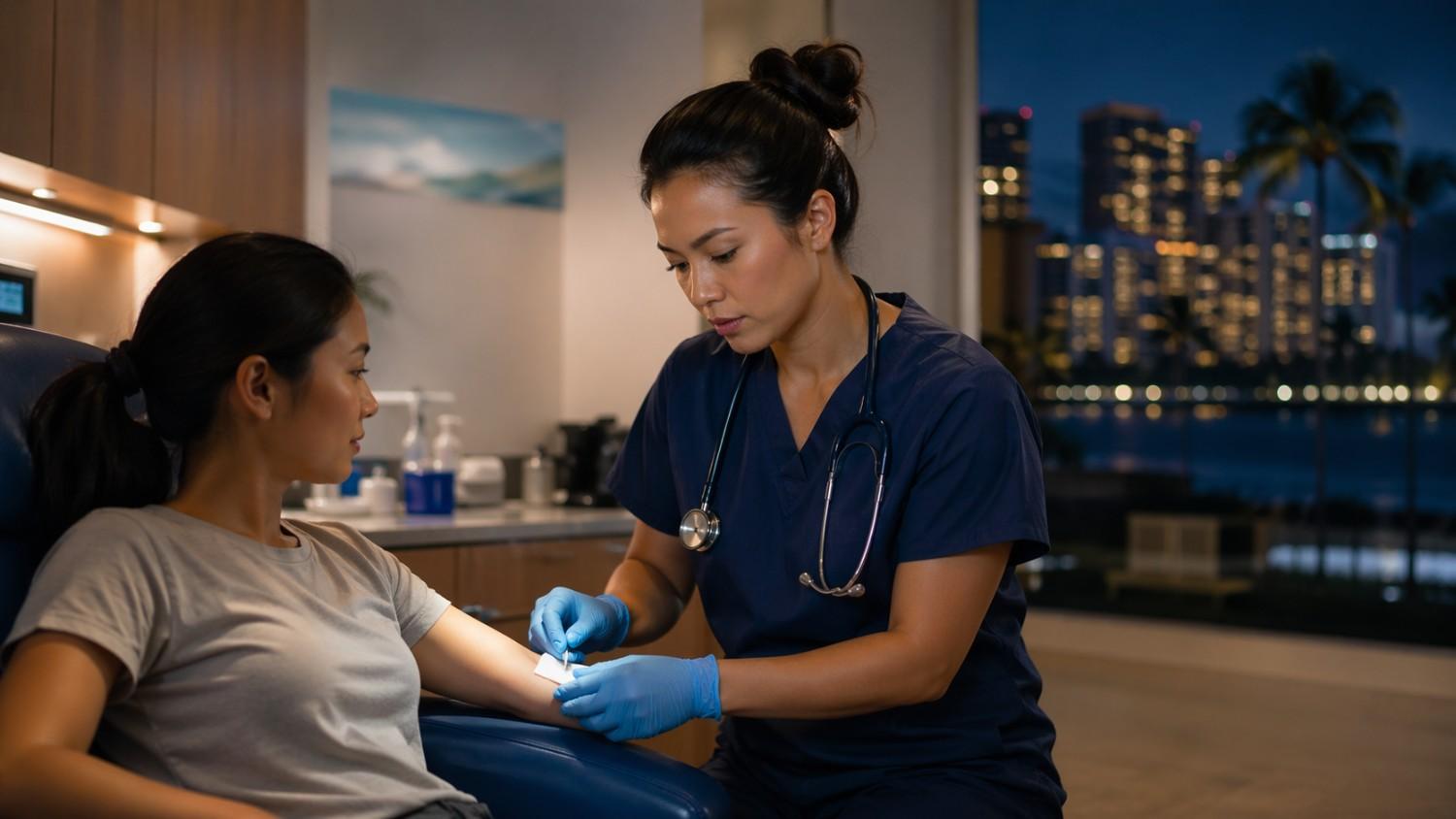 Nurse applying bandage to patient’s arm during evening clinic visit with city view.