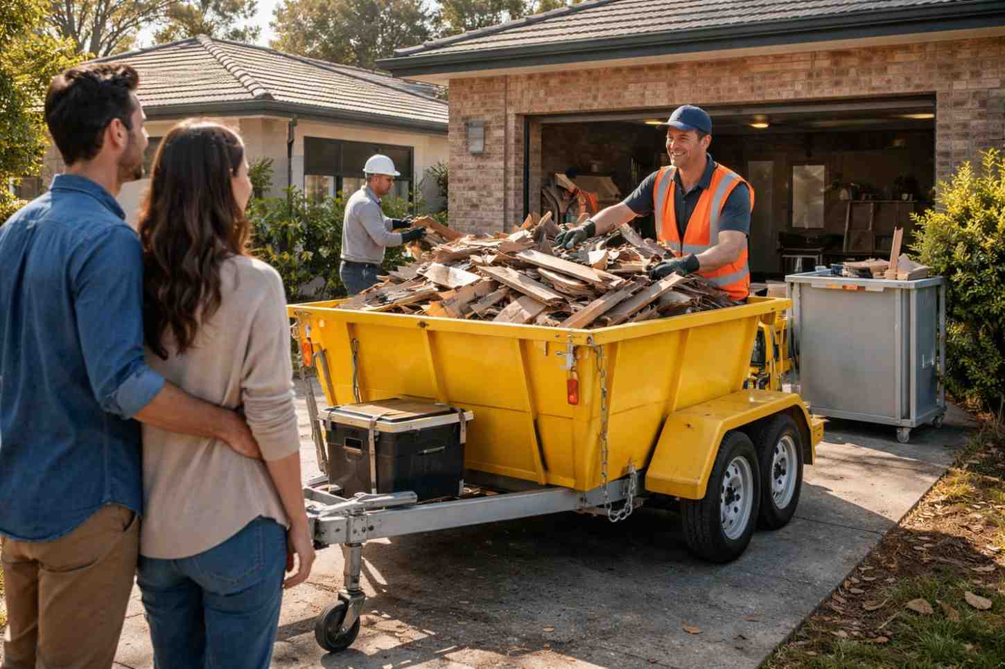 A couple stands in the foreground watching a smiling worker in an orange safety vest load wood debris into a full yellow utility trailer parked in a residential driveway, while a second worker in a hard hat assists near the open garage in the background