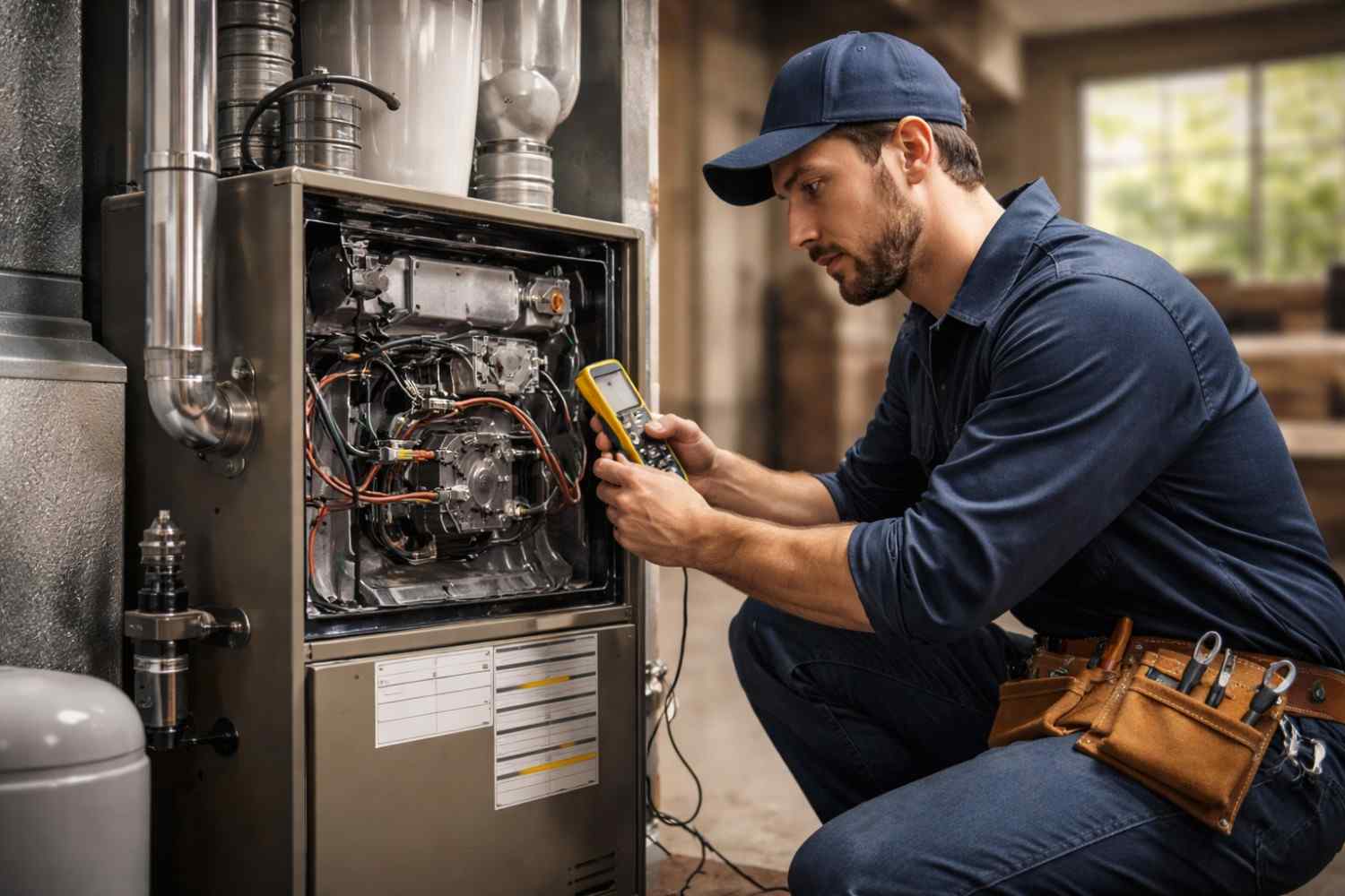 A focused technician in a blue uniform, cap, and toolbelt crouches in a utility room, looking closely at a yellow digital multimeter to test the complex internal wiring of an open furnace
