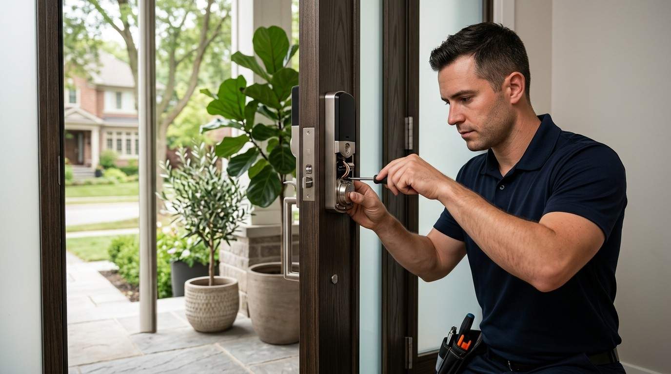 A locksmith repairs a smart door lock system to improve home security and access control.