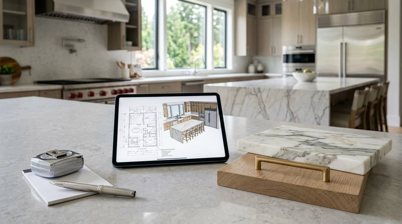 Tablet displaying a kitchen design plan beside marble and wood samples on a countertop in a modern luxury kitchen.