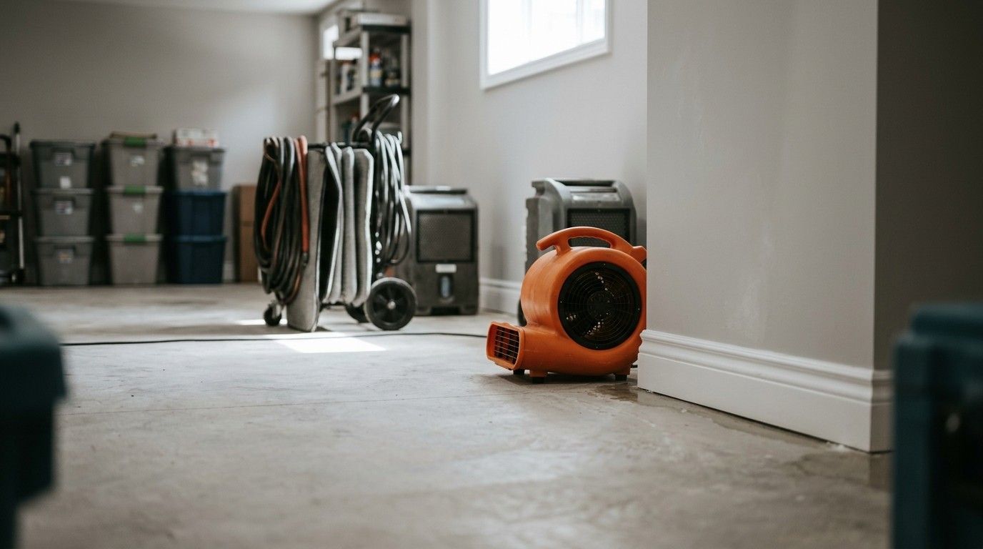 Professional basement drying equipment and air movers set up after flood water damage cleanup.