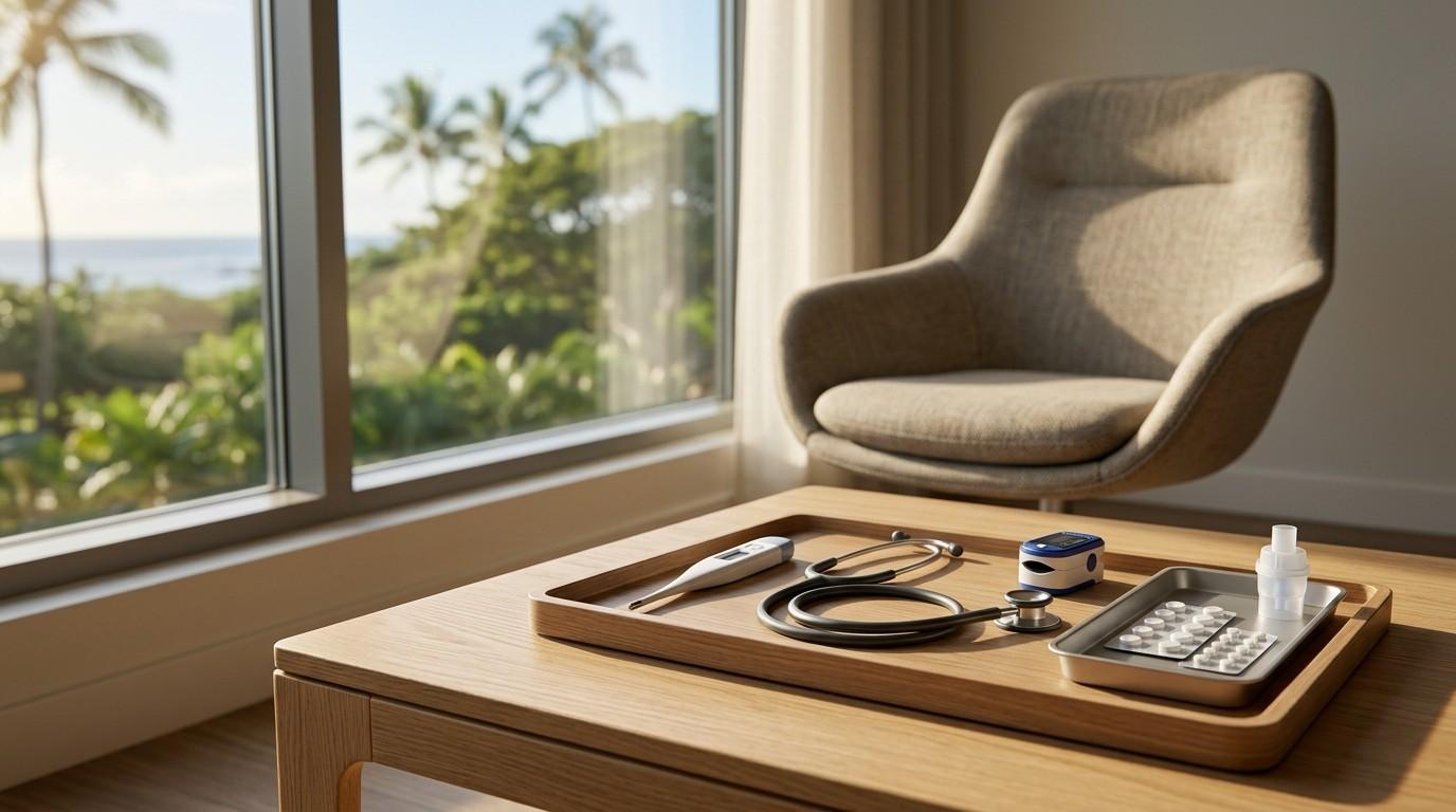 Honolulu urgent care consultation room with diagnostic equipment and patient care supplies.