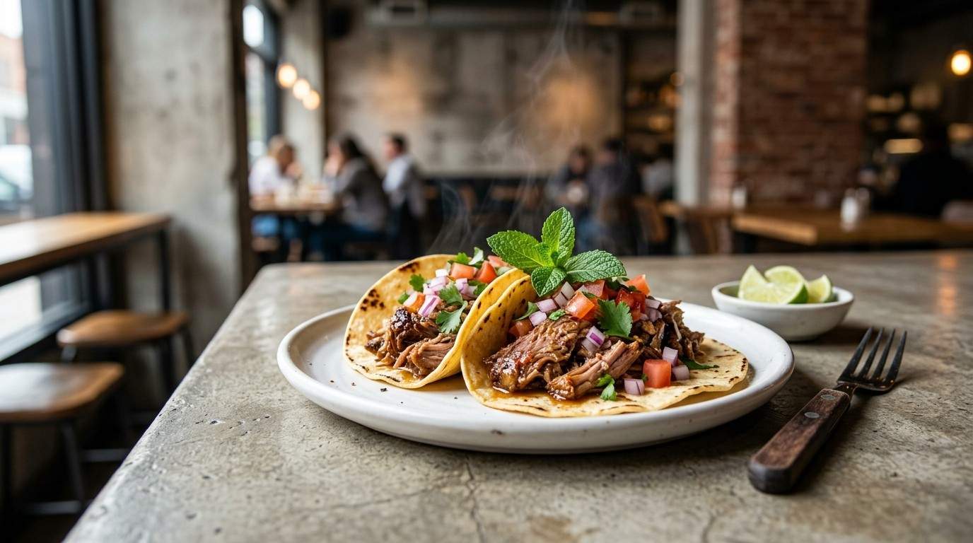 Fresh lamb tacos topped with tomatoes, onions, cilantro, and mint in a modern restaurant.