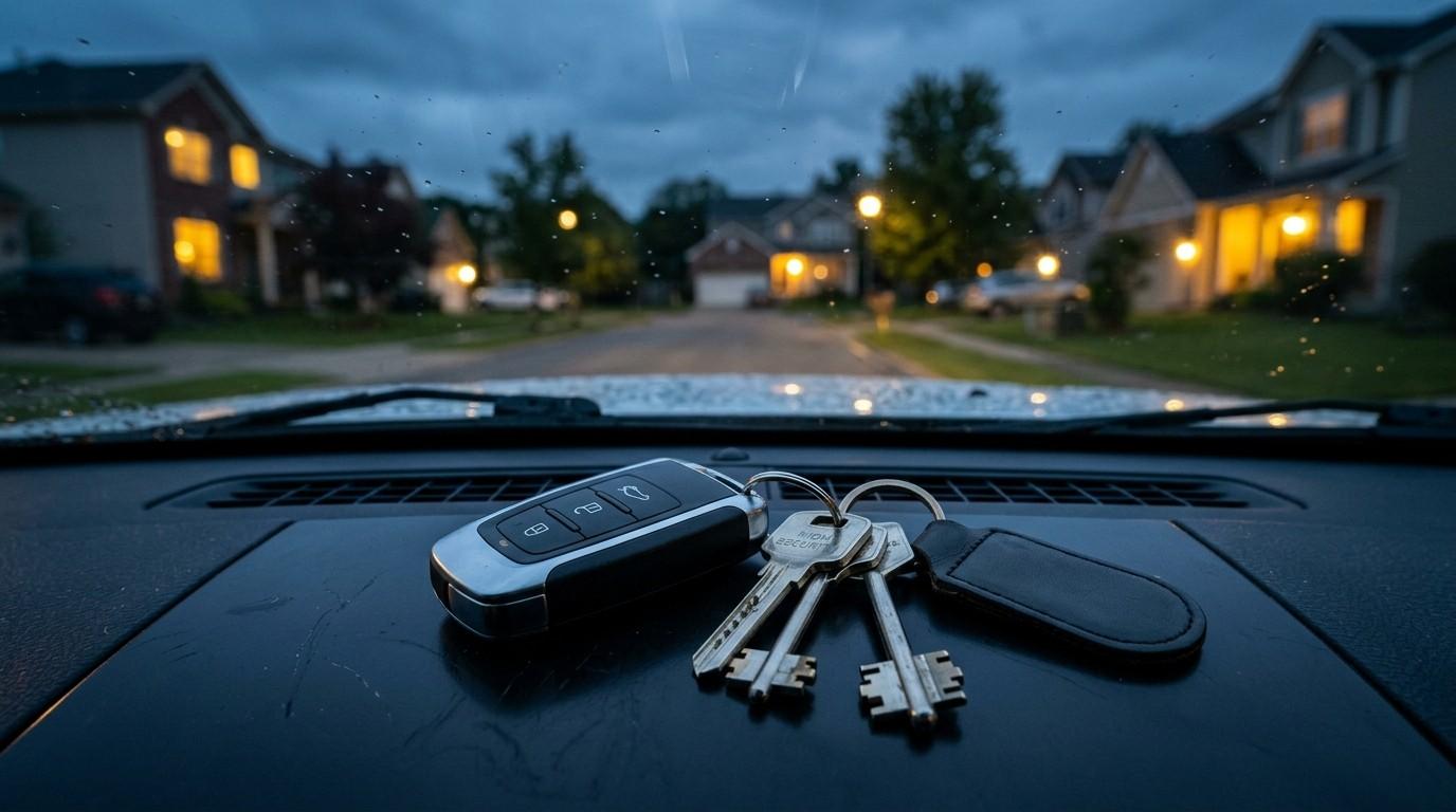 Car key fob and keys on a vehicle dashboard at night.
