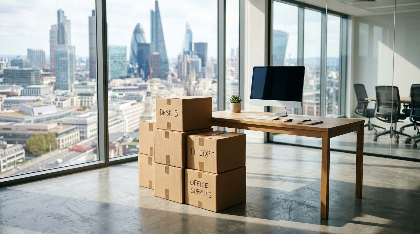 Cardboard moving boxes labeled for office supplies and workstations stacked beside a desk in a modern office with large city-view windows.