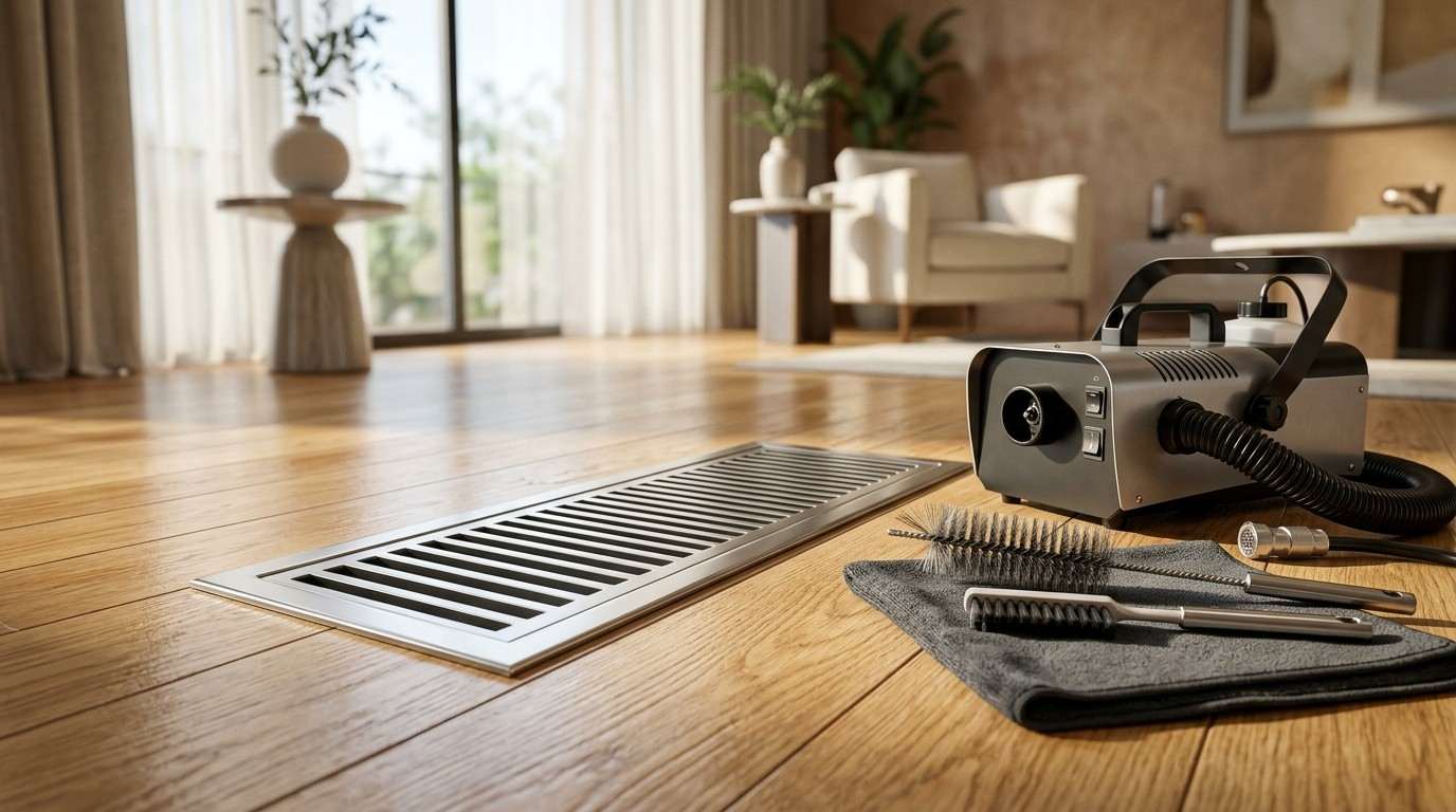 Professional HVAC sanitizing machine, vent cleaning brushes, and floor air vent arranged in a residential living room.