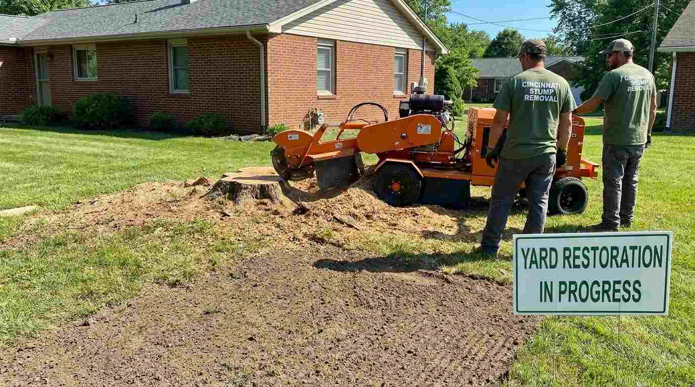 Two workers operating a stump grinding machine while removing a tree stump from a residential lawn during yard restoration.